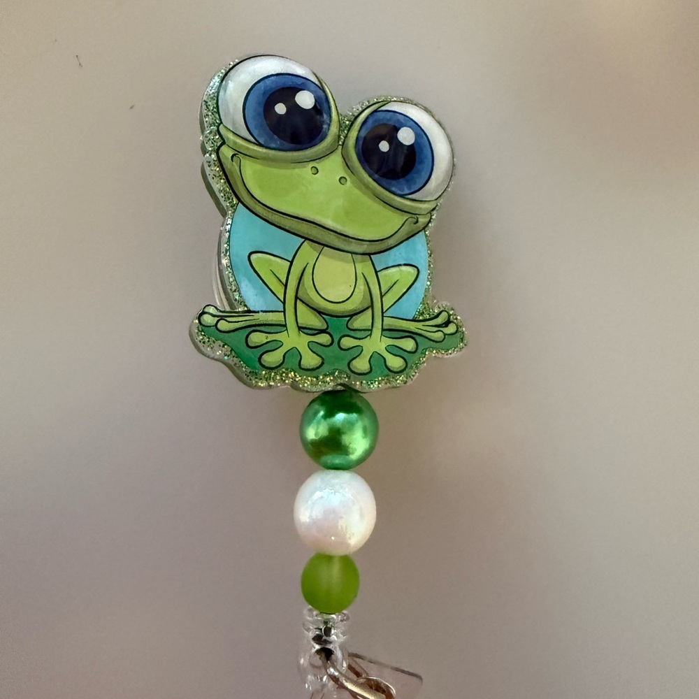 Cute Green Frog Badge Reel with Bead Accent